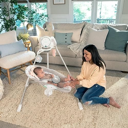 Ingenuity InLighten 5-Speed Baby Swing - Swivel Infant Seat, 5 Point Safety Harness, Nature Sounds, Lights - Nally Owl 2