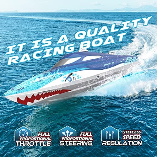 DEERC Full Proportional Remote Control Boat with LED Lights, Shark Graffiti, 20+ MPH,2.4GHz High Speed RC Racing Boats for Lakes,Pool Toys for Kids & Adults 2