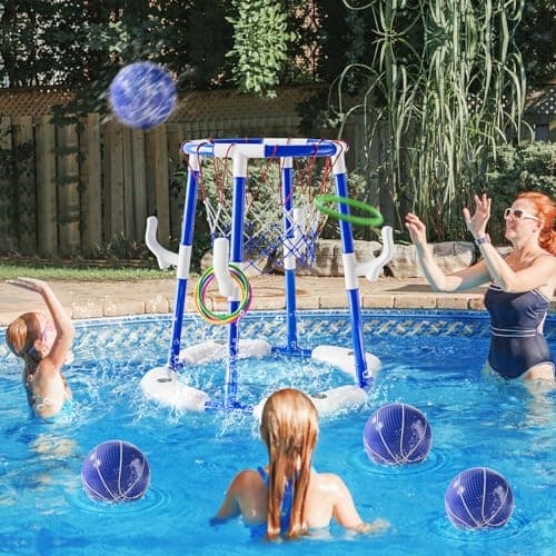 2-in-1 Pool Basketball Hoop & Ring Games with 4 Balls 12 Rings and Pump, Summer Water Outdoor Party Swimming Pool Toys Games for Kids Ages 4-8 8-12 Adult, Family Party Easter Birthday Games Toys 3