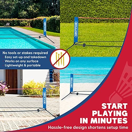 BOULDER Portable Badminton Pickleball Net - Foldable / Extendable Poles for Multiple Sports Heights (UP to 5 ft) - Ideal for Tennis, Pickleball, Soccer Tennis - Easy Setup (Blue, 17 FT) 3