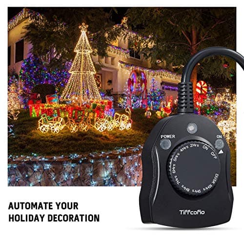 TiFFCOFiO Outdoor Timer Outlet, Dusk to Dawn Light Sensor Timer Weatherproof, 2 Grounded Outlets for Halloween and Christmas Lights, 15A 1/2HP, ETL Listed 3
