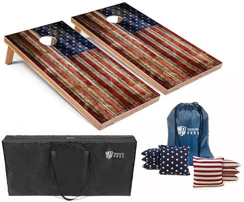 Tailgating Pros American Flag Wooden Plank Design Cornhole Board Set w/Bean Bags and Carrying Case - 4'x2' Corn Hole Toss Game