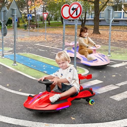 12V Electric Wiggle Car with Pedal for Kids, Rechargeable 2 in 1 Swing Car, Drifting Ride On Toys with Backrest, Anti-Rollover, Spray, Flashing Light, Music, for Ages 3 and Up, 150 Lbs (Red-Black) 3