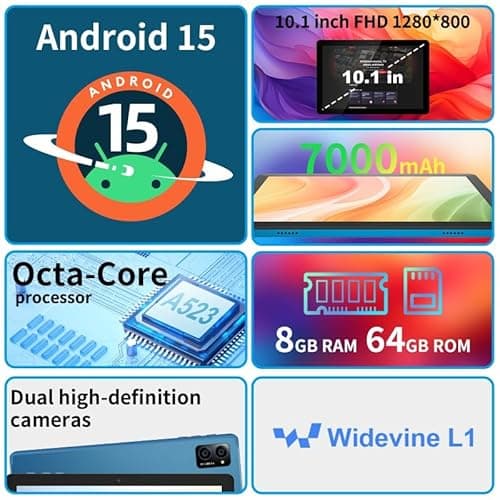 10 inch Android Tablet: Octa-Core, 7000mAh, with Stand Case, IPS HD Display, Wi-Fi 6, OTG, Metal Body – Fast & Portable Tablet for Work & Entertainment, 2-Year Protection, 8GB RAM 64GB, Android 15 2