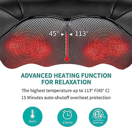 Nekteck Shiatsu Neck and Back Massager with Soothing Heat, Electric Deep Tissue 3D Kneading Massage Pillow for Shoulder Leg Full Body Muscle Pain Relief, Car Office and Home Use 3