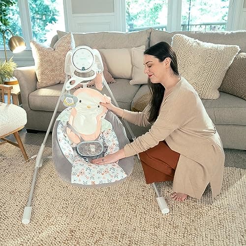 Ingenuity InLighten 5-Speed Baby Swing - Swivel Infant Seat, 5 Point Safety Harness, Nature Sounds, Lights - Nally Owl 5