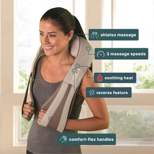 HoMedics Shiatsu Deluxe Neck & Shoulder Massager with Heat | Shiatsu Massager, 3 Speeds, Changes Direction | Muscle Kneading for Neck, Shoulders, Back, & Legs, Portable, Convenient Straps | Thera-P 3